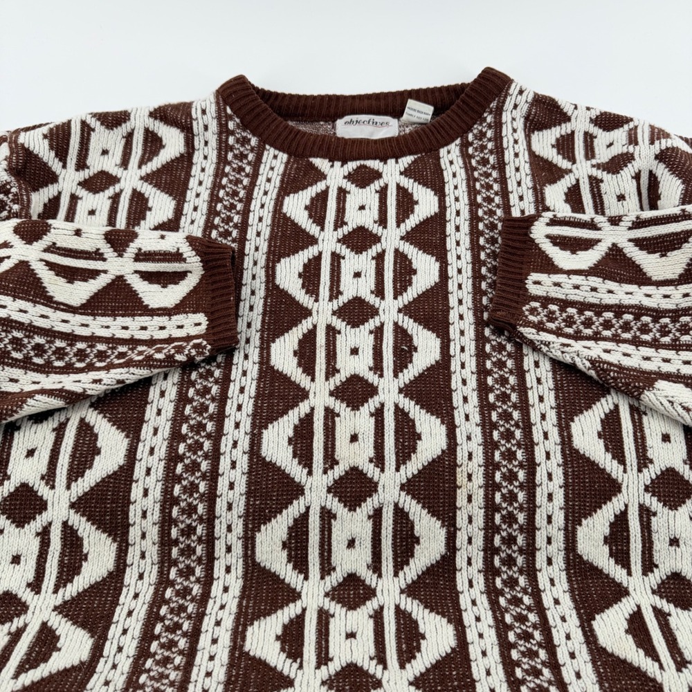 Objectives Vintage Geometric Knit Sweater Crewneck Cabin Core Size M Brown White